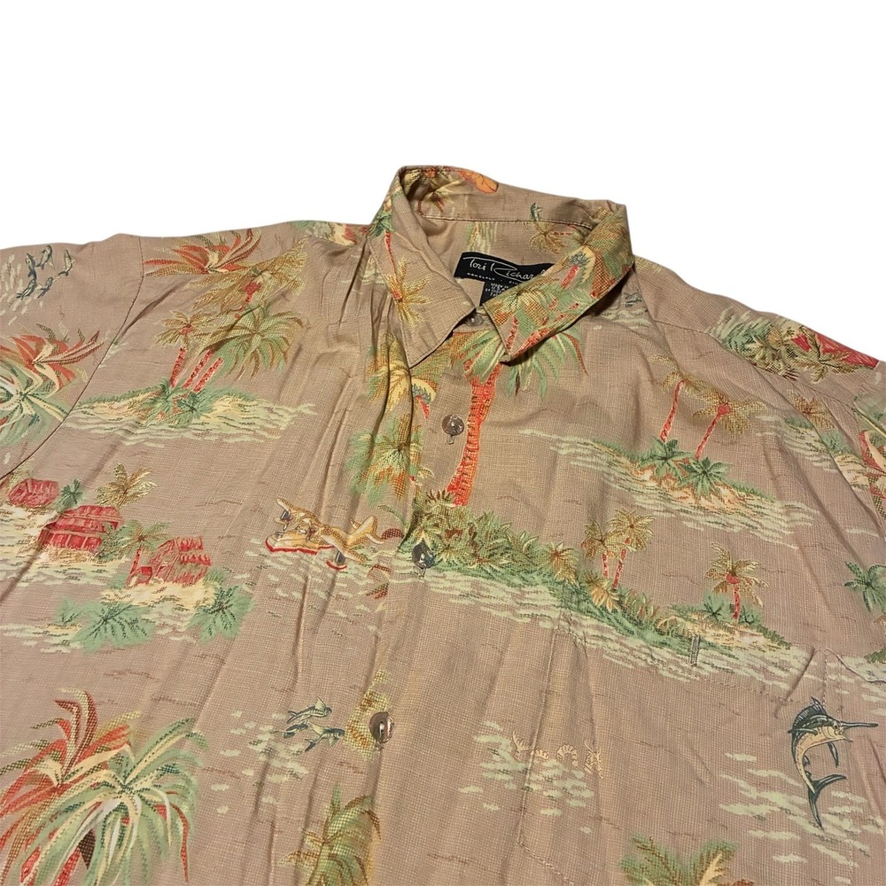 Tori Richard Mens Tan Hawaiian Shirt Tropical Marlin Palm Tree Viscose M